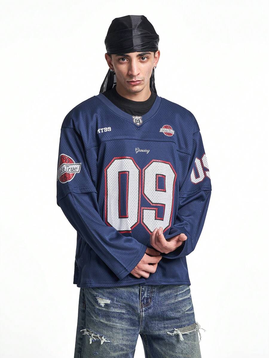 MT99 American Style Mesh Hollow V-Neck 09 Letter Print Balloon Sleeve Olive Quick-Dry Breathable Long Sleeve Shirt, Navy Blue - Navy Blue - View 1