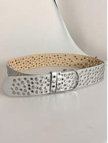 New Silver Rivet Hollow Out Wide Belt, Punk Rock Studded Waist Decor Belt For Halloween Party, Handmade Asymmetrical Metal Waist Belt - Multicolor - View 4