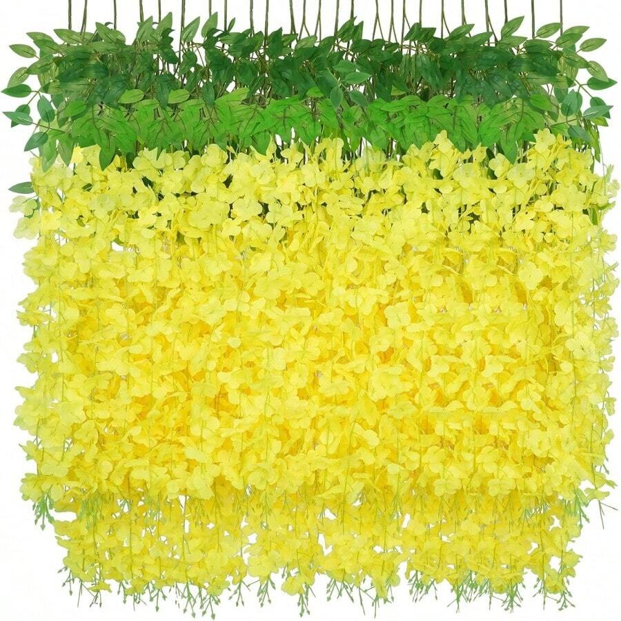 12pcs Teal Wisteria Hanging Flowers, 3.77 Ft Fake Hanging Flowers, Artificial Wisteria Garland Vines For Wedding Room Backdrop Outdoor Patio Garden Decoration - 黃色 - 查看 1