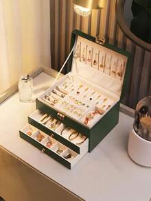 1pc Luxury Diamond Pattern Lockable 3/2/1 Compartment Jewelry Box, Multilayer Jewelry Box With Lock, Jewelry Storage Box, Earring & Jewelry Organizer, Vanity, Bedroom Accessory, Home Organization & Storage, Room Decor, Gift For Women