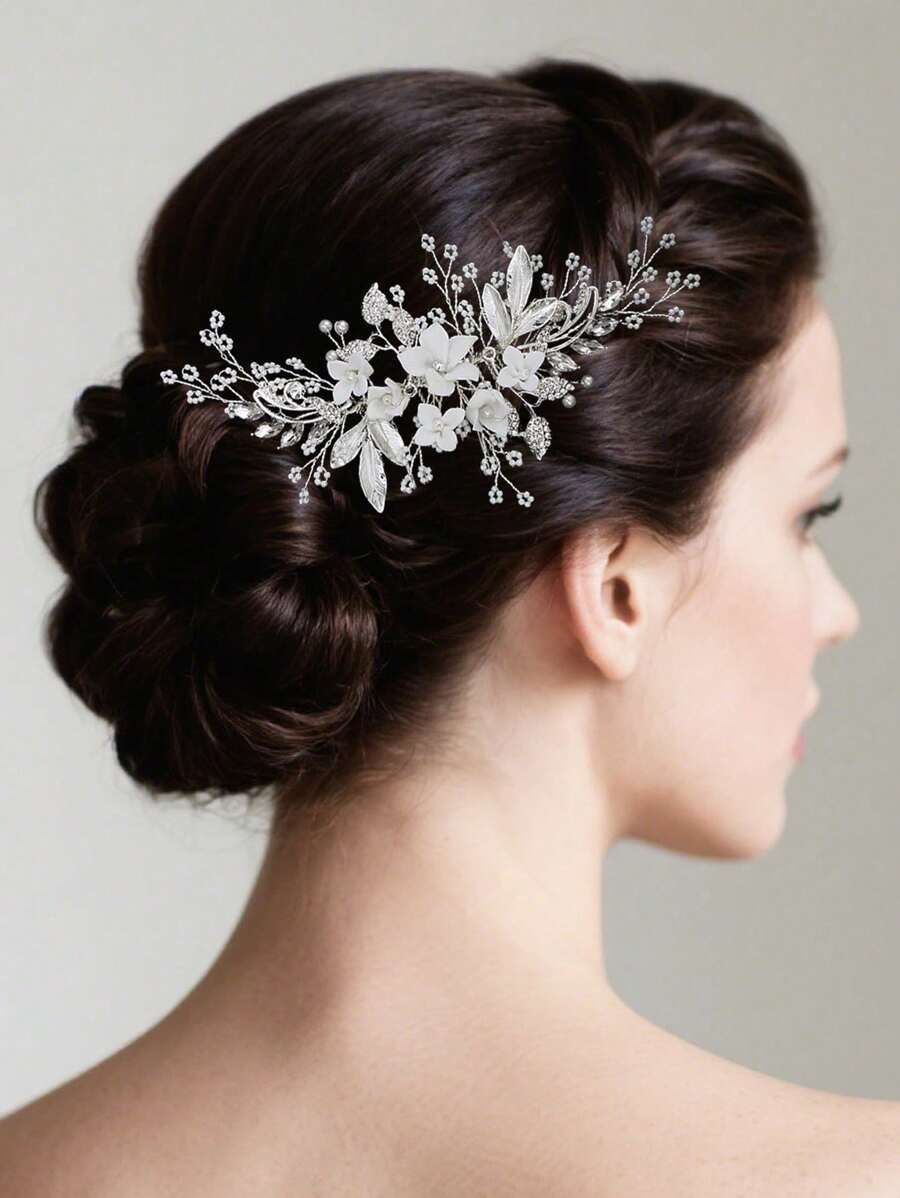 1 件手工陶瓷花和银叶新娘发梳，婚礼发饰 - 銀色 - 查看 1