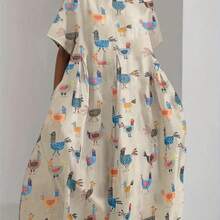 Women's Casual Elegant Dress With Random Insect & Heart Print, Pockets - Apricot - View 3