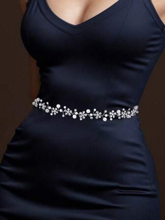 1pc Elegant Bridal Crystal Rhinestone Waist Belt, Silver Shiny Crystal & Elastic Pearl Decor Sash, Wedding Dress Accessory, Women's Fashion Waist Chain For Wedding, Birthday, Party, Festival To Highlight Charm