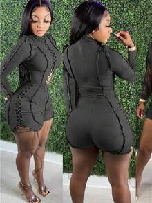 Women's Fashion Sexy Patchwork Solid Color Drawstring Long Sleeved Jumpsuit - Black - View 1