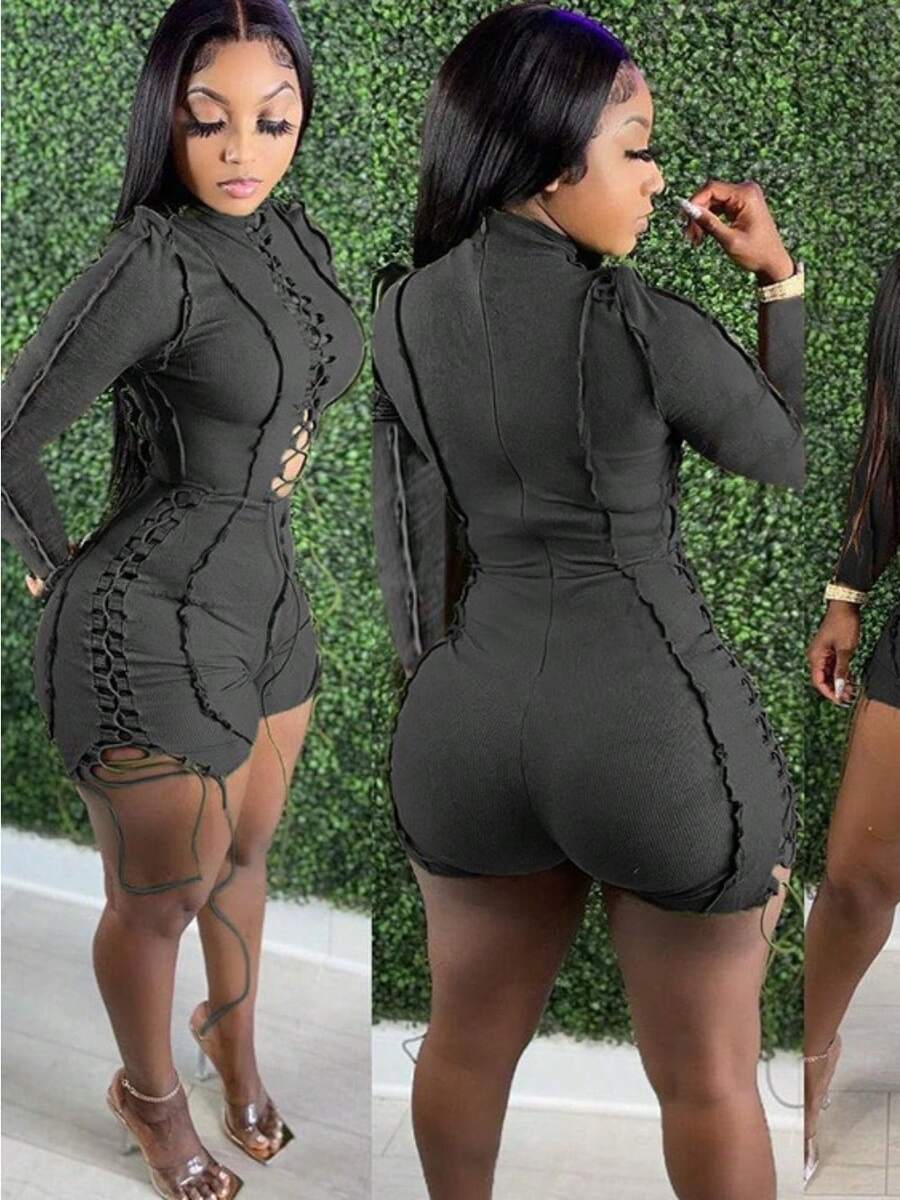 Women's Fashion Sexy Patchwork Solid Color Drawstring Long Sleeved Jumpsuit - Black - View 1