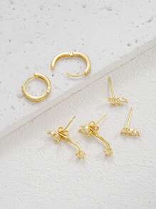 6pcs Fashionable Minimalist Elegant Delicate Retro Design Cubic Zirconia Bling Bling Shiny Leaf & Heart Front & Back Stud Earrings Set, Cute For Holiday, Party, Date, Gift, Daily Wear - 6pcs - View 6