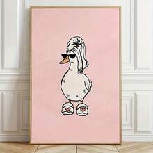 1pc Room Decor Quirky Duck In Slippers Canvas Art Print, Pink Humorous Bathroom Wall Decor, Vintage Farmhouse Style, Rustic Duck Bandana Painting, Fashionable Home Decoration, Canvas Poster For Living Room, Bedroom, Office,Unframed