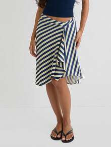 Women Summer Midi Skirts Casual Elegant Solid/Stripe/Plaid Print A-Line Skirt For Beach Vacation Streetwear - 藍色 - 查看 6