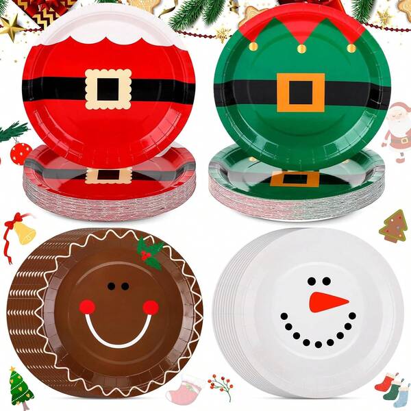 10pcs/40pcs/100pcs Christmas Paper Plates 7 Inch 9 Inch Merry Christmas Santa Belt Snowman Cake Snack Dessert Plates Funny Christmas Dinnerware Set Xmas Dinner Plates Table Decorations Winter Holiday Party Supplies