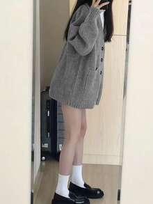 女士休闲宽松纯色V领口袋针织开衫 - 灰色 - 查看 4