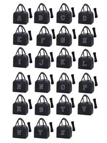 1个保温午餐包，手提包，午餐盒，冰袋，野餐食品手提袋，刺绣字母图案午餐盒，帆布轻便便携午餐手提袋，学校/办公室野餐午餐手提包（午餐包，学校旅行午餐盒，防水午餐包） - 黑色 - 查看 2