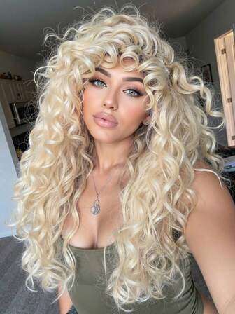 Funny And Fashion 24-Inch Gold Long Water Wave Hair With Bangs Heat-Resistant Synthetic Wigs For Women For Cosplay,Halloween Costume Party Wear,HOT