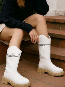 New Fashion Children's Mid-Calf Boots, Girls' Pure White Simple & Elegant Campus Boots, Comfortable Soft Lining, Thickened Soles For Added Height, Suitable For Daily Outings, Gatherings And More, Fit For Autumn/Winter Season