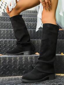 Women's Tall Boots, Solid Color Suede Fabric Knee-High Boots, Western Style Flared Skirt, Slouchy Boots, Fall, Suitable For Autumn/Winter Holidays