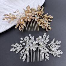 1 Stück handgefertigter Braut Silber & Gold Strass Haarschmuck, Haarklammer aus Legierung mit Blatt, schwerer Metall Blatt Haarclip, geeignet für Hochzeit, Verlobung, Abschlussball