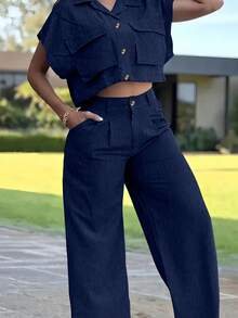 2 Peças Conjunto de Roupa Casual de Tecido Trançado - Camisa de Manga Curta e Calça, Versátil e Prático, Estilo Urbano Chique