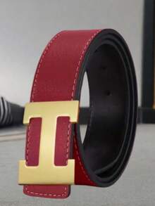 Men's Premium PU Belt, 3.3cm Wide - Fashionable, With Gold Alloy Buckle, Reversible - Classic Letter Design, Suitable For Formal And Casual Wear - Multicolor - View 12