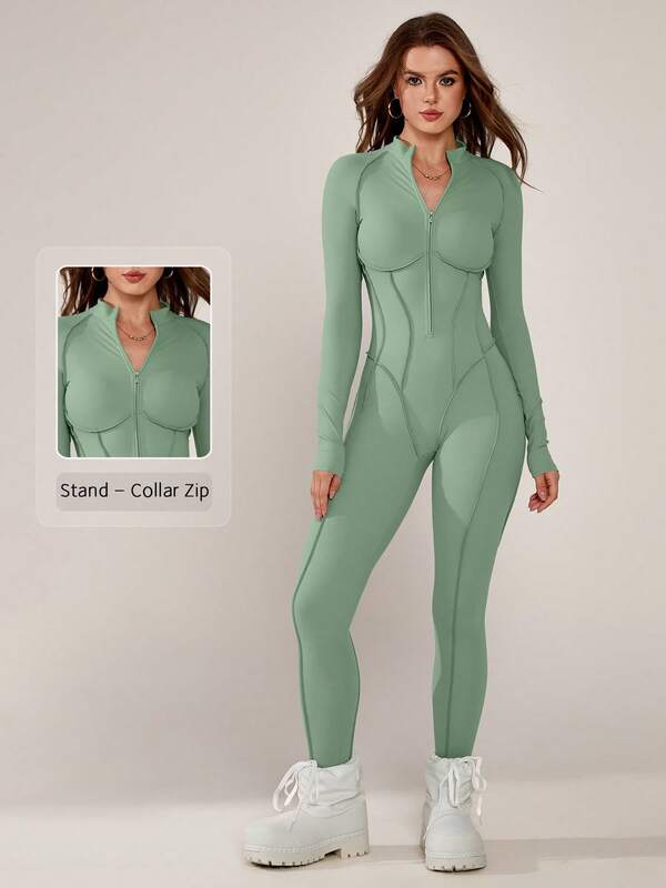 NcmRyu 1pc Women's Slim Fit Seamless Solid Color Stand Collar Tight Shaping Jumpsuit