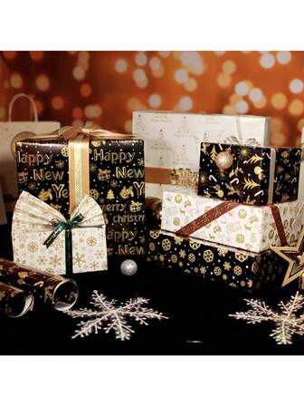 Jul, 10 st glansigt bestruket papper presentpapper, metalliskt svartvitt tryckt guld presentpapper