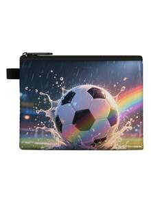 1 pieza Monedero compacto con cremallera, bolsa con cremallera de poliéster de moda y duradera con estampado gráfico de fútbol, ideal para guardar monedas y pequeños artículos esenciales, regalo divertido con cierre , material duradero, fácil de cuidar, regalo para fiesta deportiva y vacaciones