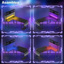 Mesa de juego pequeña en forma de L con toma de corriente, mesa LED en forma de L con soporte para monitor y estante de almacenamiento, mesa para computadora - Tipo de Enchufe B USA (110-127V) - Ver 8