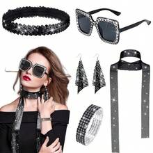 6pcs/Set 70s Disco Glitter Women's Shiny Scarf, Sunglasses, Bracelet, Headband Accessory Set, Costume Party Supplies, Fashion Stylish Basic Stage Outfit Halloween Costume