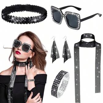 6pcs/Set 70s Disco Glitter Women's Shiny Scarf, Sunglasses, Bracelet, Headband Accessory Set, Costume Party Supplies, Fashion Stylish Basic Stage Outfit Halloween Costume
