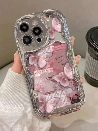 蝴蝶彩绘电镀新款奶油纹理波浪边蝴蝶彩绘可爱红色苹果10手机壳防震新款17糖果彩绘防震创意手机壳兼容 XR/7/8彩绘兼容 16 Pro Max苹果13手机壳14苹果11软壳P12防震XS直边彩绘TPU防震软壳手机壳