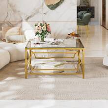 Square Glass Coffee Table In 33.5", Luxurious Geometric Metal Frame, Gold Finish & Lower Shelf, Transparent