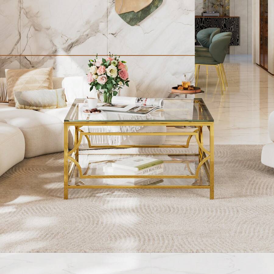 Square Glass Coffee Table In 33.5", Luxurious Geometric Metal Frame, Gold Finish & Lower Shelf, Transparent