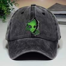 Alien Theme Baseball Cap - Vintage Washed Cap, Distressed Sun Hat With Green Alien Pattern, Adjustable Fit, Ideal For Men And Women For Halloween And Outdoor Fashion, Halloween Headwear | Playful Pattern Hat - 灰色 - 查看 3
