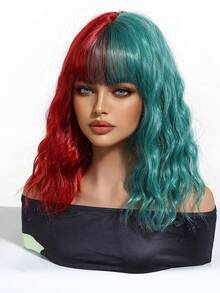 Peluca sintética resistente al calor con flequillo, de moda y divertida, para mujeres, de 14 pulgadas, de dos tonos rojo y verde, corta y ondulada, peluca para niña, para cosplay, disfraz de Halloween, fiesta - Dos Tonos - Ver 6