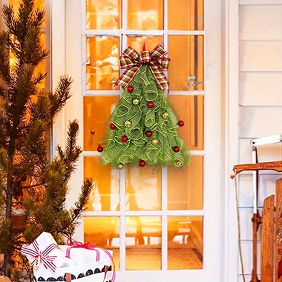1pc Christmas Tree Wreath, Classic Red & Green Ball Garland, Easy To Install, Perfect Santa Hat, Hanging Welcome Sign, Indoor & Outdoor Seasonal Decor, Holiday Celebration