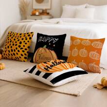 4 Stücke Halloween Kürbis Muster Kissenbezug Set, einseitig Muster