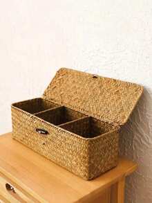 1pc Handwoven Seaweed Storage Basket, Wicker Frame With Lid, Rectangular Small Storage Box, Desktop Organizer, Home/Kitchen/Bathroom/Bedroom Decor (Style Sent Randomly) - Ginger - View 1