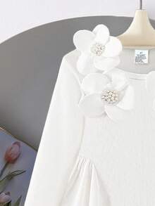 Váy dài tay thường ngày cho bé gái, Xuân/Thu, Váy trắng họa tiết hoa đính cườm 3D cho bé gái, Phong cách quý cô thanh lịch, Váy chữ A xếp ly eo, Thoải mái & mềm mại, Váy công chúa, Thích hợp cho hoạt động ngoài trời, thường ngày, tiệc tùng, ngày lễ, quà tặng, cỡ 4-8 tuổi - trắng - Xem 4