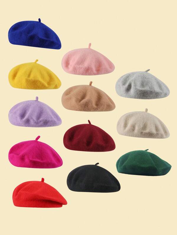 1Pc Beret Hat French Style Beanie Cap Solid Color Artist Painter Winter Hat For Girls Casual Use