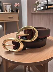 1pc/2pcs Women Asymmetric Gold Buckle Solid Color Casual Versatile Decorative Belt, Suitable For Jeans, Dresses And Women Pants, PU Leather Ladies Belt