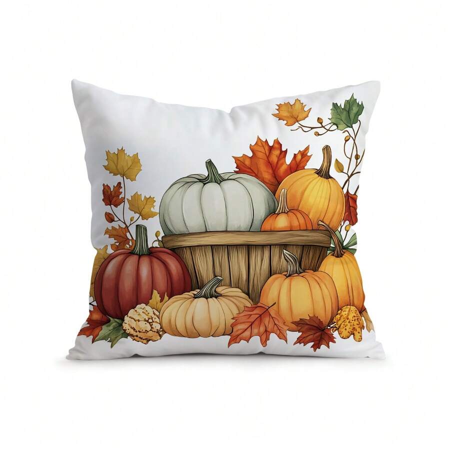 1pc Thanksgiving Pumpkin Single-Sided Printed Throw Pillow Cover - Peach Velvet Cushion Cover 45*45cm