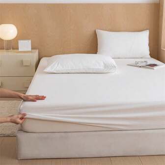 3 件纯色全弹力床单套装，包含 1 张床单和 2 个枕套，亲肤柔软水洗拉绒面料，透气舒适，抗皱床单