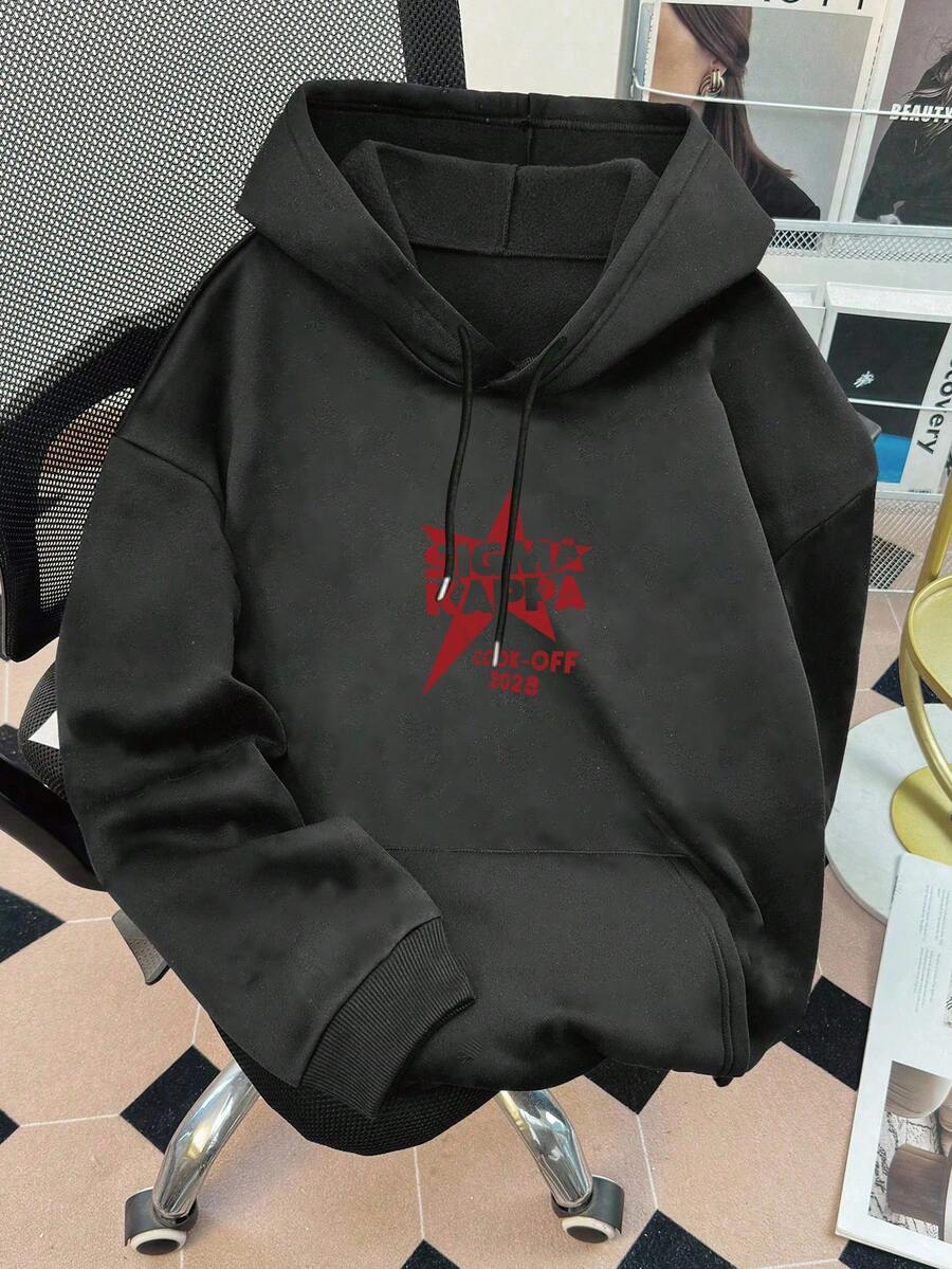 男士大尺碼新款連帽衛衣街頭風高品質趣味Emo圖案 Manfinityscarface Youngboynever Broke Again Friends TV 萬聖節黑色連帽衛衣 紅星印花白色英文文字圖案 百搭男士運動衛衣 Y2K風格 適合日常穿著 - 黑色 - 查看 1