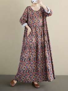 AZAH Bluzki, Jesienna sukienka damska, Kraciasta sukienka jesienna, Sukienka na powrót do szkoły, Jesienna, Nowa, Retro, jesienna sukienka z okrągłym dekoltem i długimi rękawami (2025), Plisowana spódnica, Jesienna odzież damska, Czeska, swobodna sukienka plażowa na wakacje, Jedna sukienka, Losowy nadruk