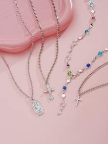 1/4pcs Vintage Metal Jesus Cross Pendant Y-Shaped Long Necklace, Boho Style Colorful Crystal Pendant Necklace Set, Suitable For Women Daily And Vacation Wear, Holiday Gift For Friends (Crystal Color Random)