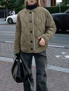 Jaqueta Acolchoada Acolchoada Feminina, Ajuste Folgado, Casual, Zíper na Frente, Gola Redonda com Bolsos, Casaco de Outono e Inverno