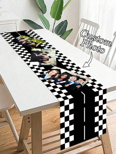1枚 カスタマイズ可能なリネン調 黒白チェック テーブルランナー、お客様の写真をプリント、室内キッチン、ダイニングテーブルの装飾、パーティー、記念日、休日、卒業式に適しています