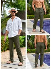 Mens Linen Pants Yoga Beach Loose Fit Casual Summer Elastic Waist Drawstring Baggy Trousers With Pockets Halloween Christmas New Year - White - View 10