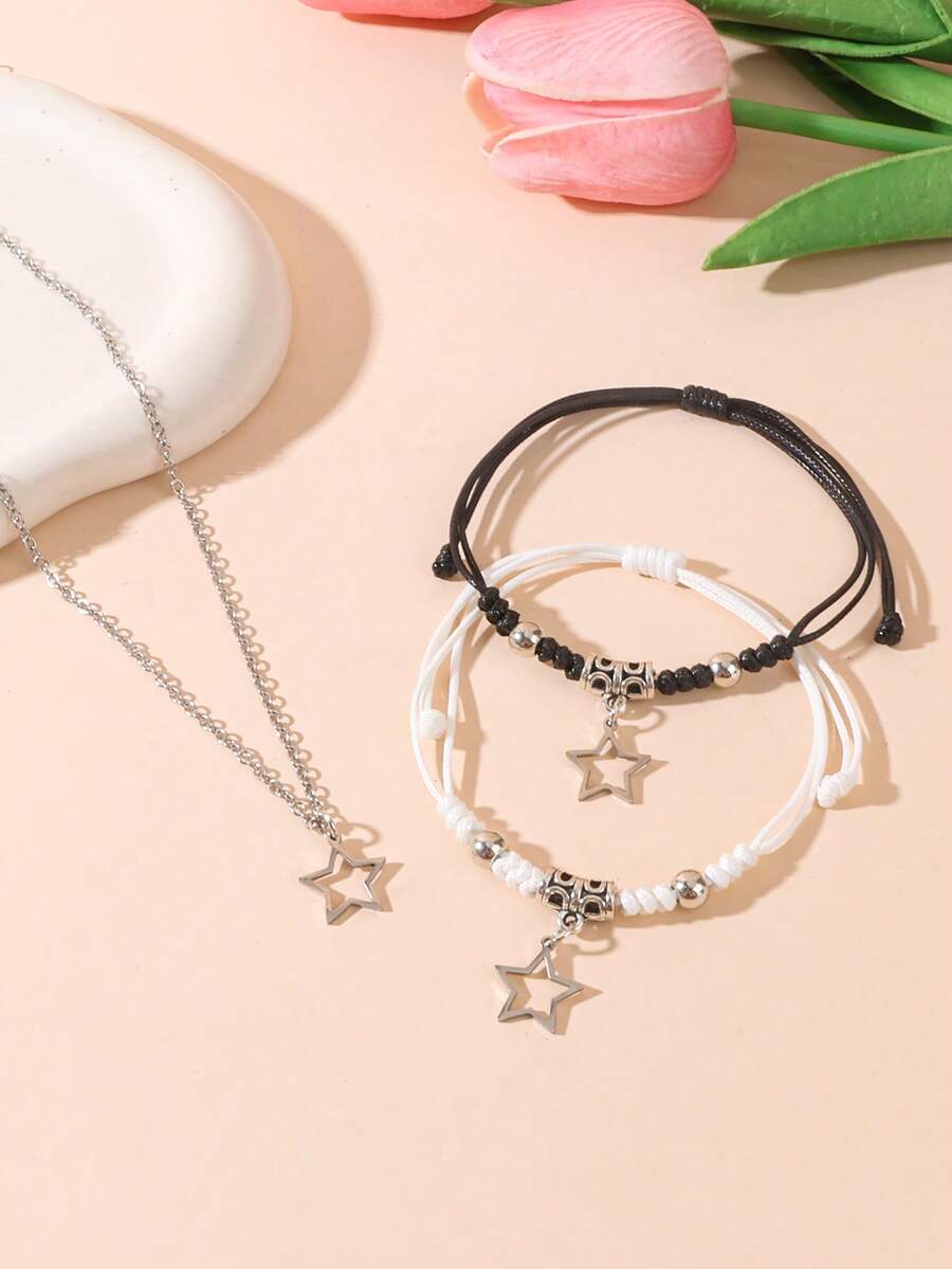 3pcs Vintage Punk Style Star & Pentagram Braided Bracelet & Necklace Set, Versatile Niche High-End Unisex Necklace & Bracelet (2pcs Bracelets + 1pc Necklace), Suitable Gift For Men, Women And Family Members - Silver - View 1