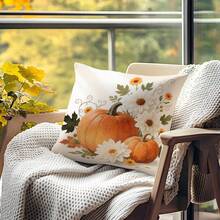 1pc Thanksgiving Pumpkin & Floral Single-Sided Printed Throw Pillow Cover - Peach Velvet Cushion Cover 45*45cm