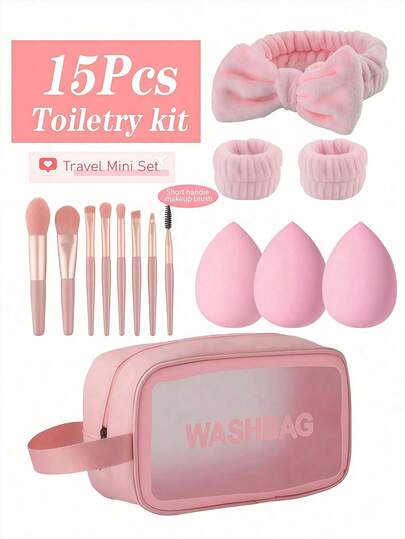 1套/15件透明化妆包套装：1个化妆包、8支迷你旅行化妆刷、1个发带、3个海绵。便携式化妆套装，可收纳眼影盘、眼线液、粉饼、口红、唇彩、假睫毛胶水等。透明化妆旅行洗漱包，必备礼品收纳包，拉链设计，美甲包，房间装饰，化妆包，收纳包，收纳盒，女士礼物，圣诞礼物，女士送礼佳品