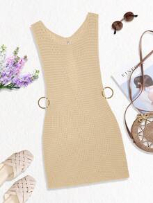 女式夏季波西米亚风性感镂空休闲透视无袖修身露背短款罩衫连衣裙 - 杏色 - 查看 6